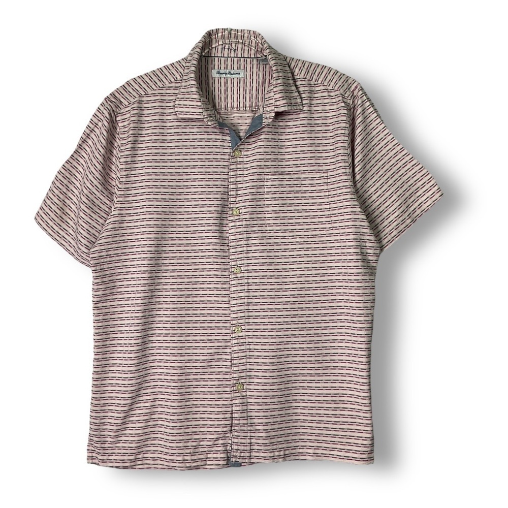 Tommy Bahama Mens Silk Shirt Sz L Pink Short Sleeve Resort Coastal Travel